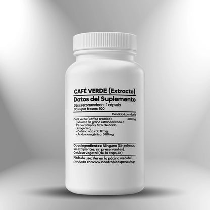 Café verde (extracto 50% ácido clorogénico - 2% cafeína) 600mg - 100 cápsulas Nootrópicos Perú