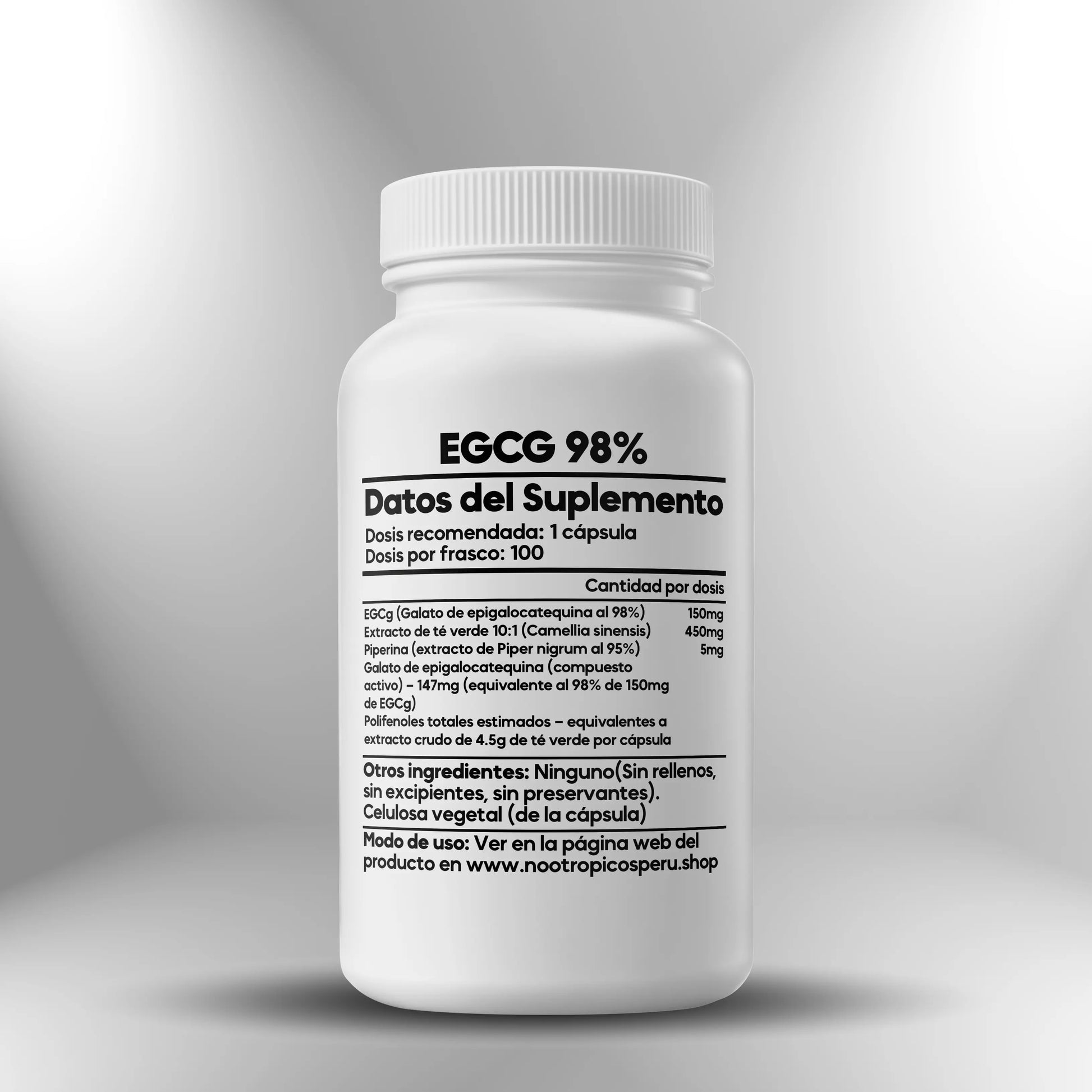 EGCg 98% + extracto 10.1 de té verde + piperina (150mg + 450mg + 5mg) - 100 cápsulas Nootrópicos Perú
