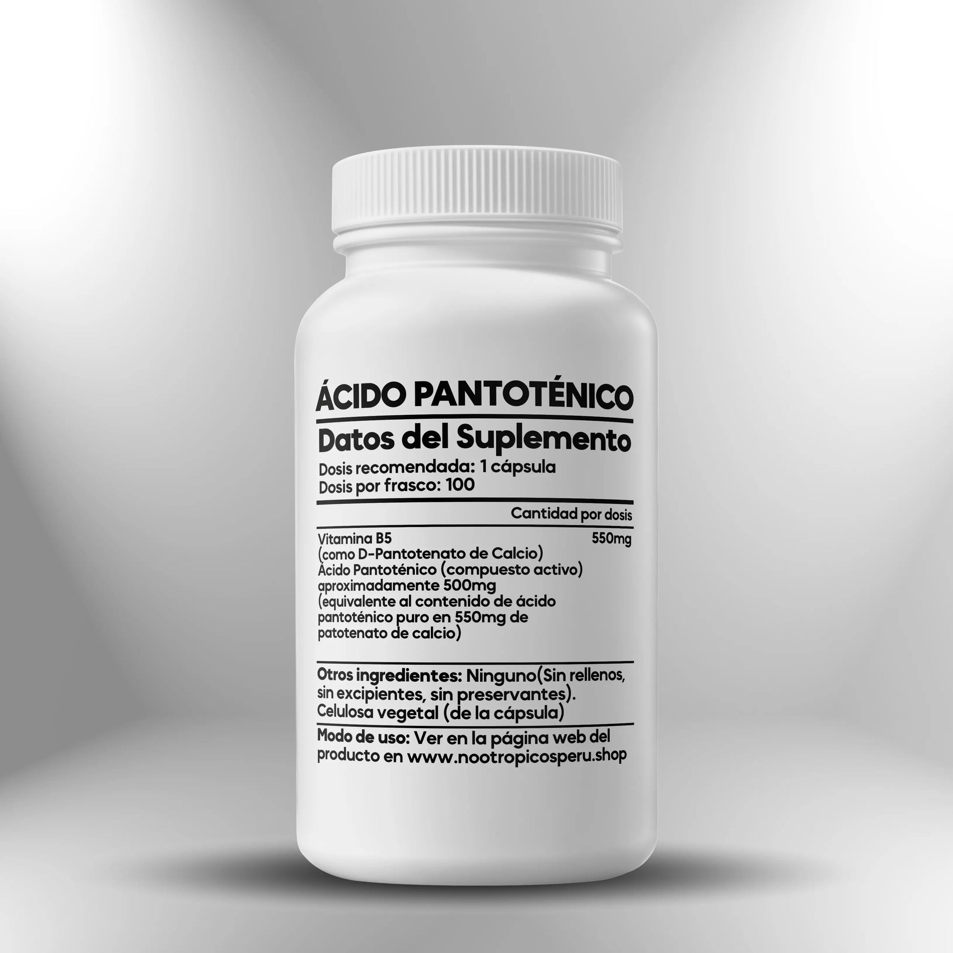 Vitamina B5 (Ácido Pantoténico) 550mg - 100 cápsulas Nootrópicos Perú